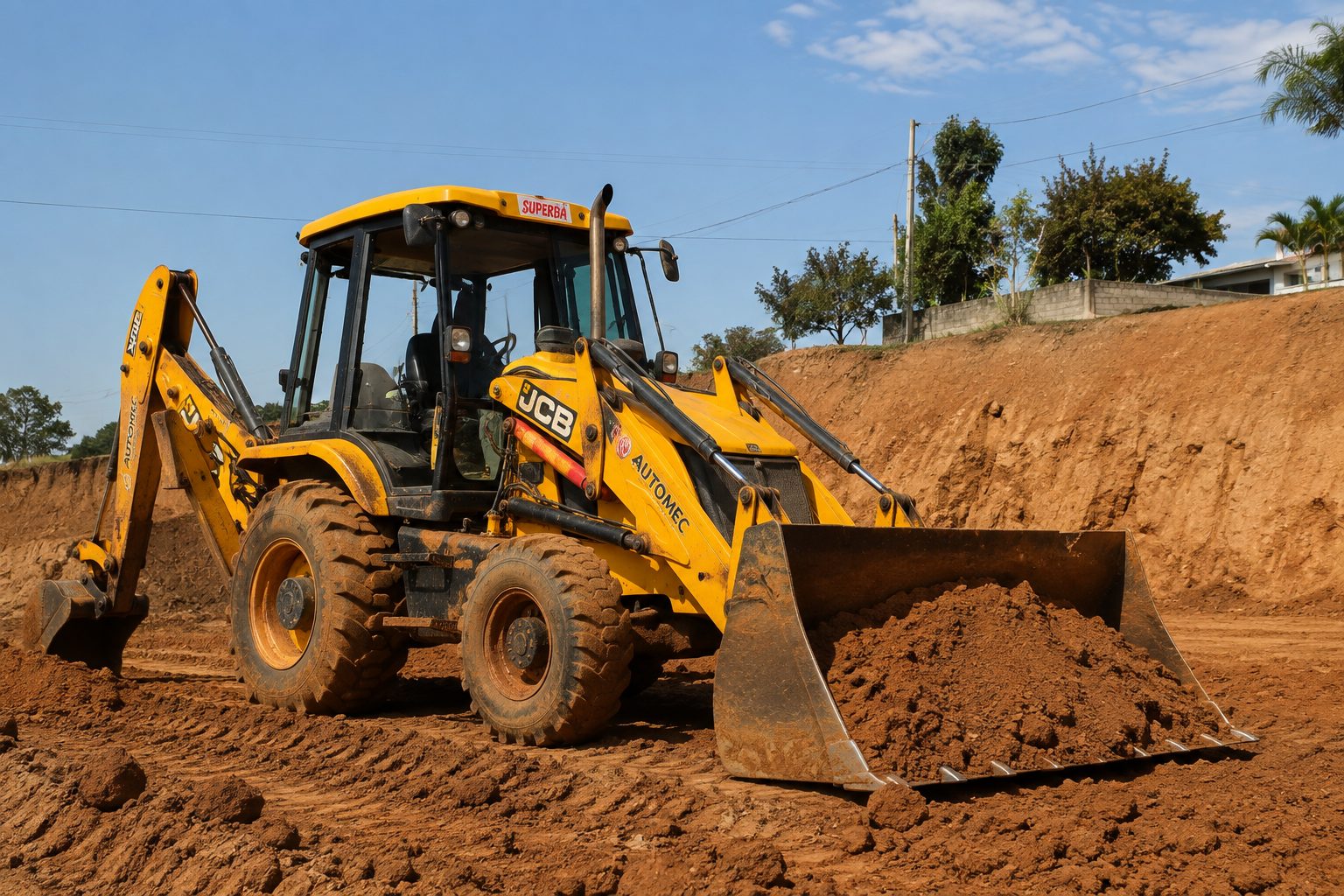 Retroescavadeira Superbá em serviço de terraplenagem
